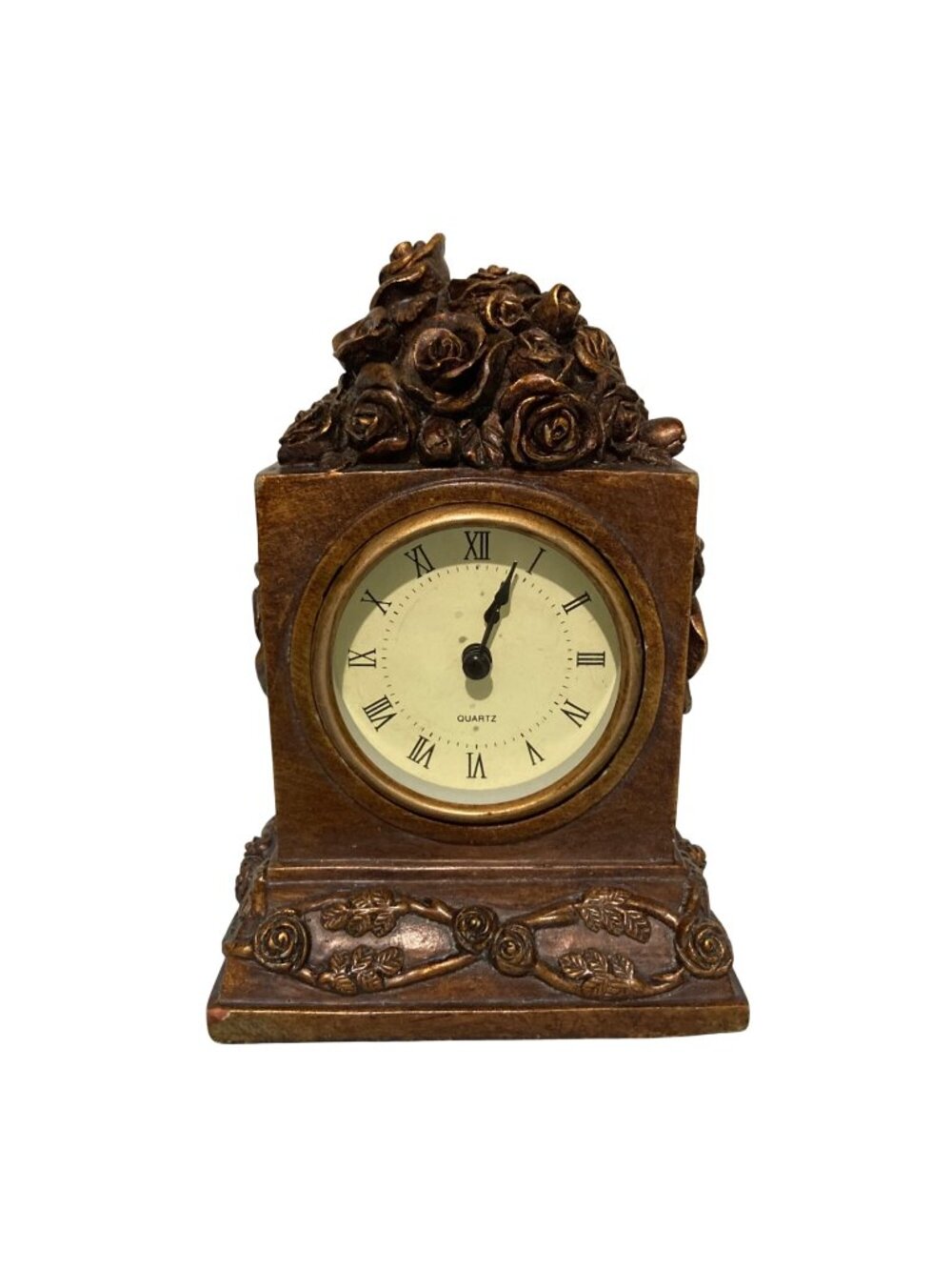Vintage Rose Design Quartz Table Or Desk Clock With Roman Numerals